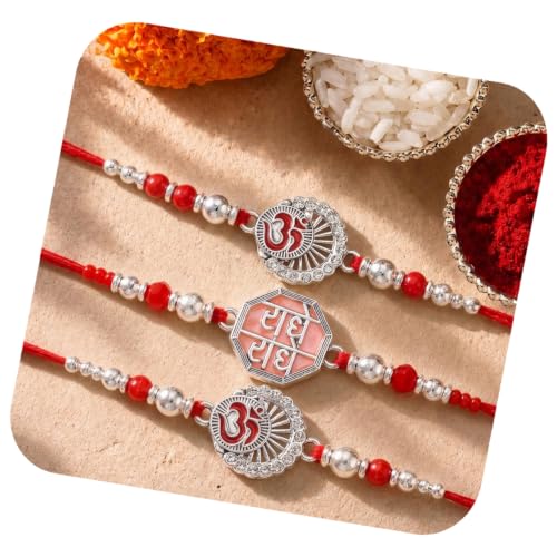 Image of Peora Rakhshabandhan Thread Rakhi for Brother Bhaiya | Crystals & Kundan Studded | Combo, Set of 3 | Rakhi Hamper with Roli Chawal & Greeting Card