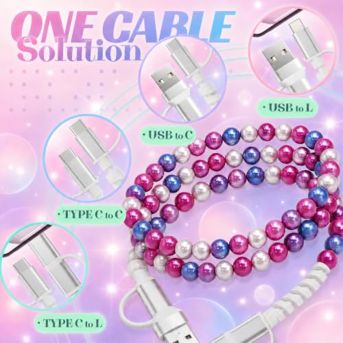 Image of 4-in-1 Beaded Charging Cable, MFi Certified, Works with CarPlay, 3.3FT 60W Fast Charger Cord for iPhone 17 /16 /15 /14 /13 /12 /11, iPad, Samsung, Android and More (Berry Galaxy)