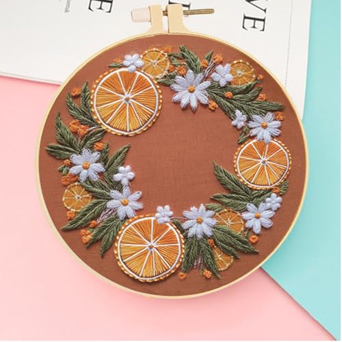 Image of Huacan Embroidery Kit for Beginners Adults Includes Stamped Orange Pattern, Hoop, Color Threads,Tools,Easy to Follow Instruction