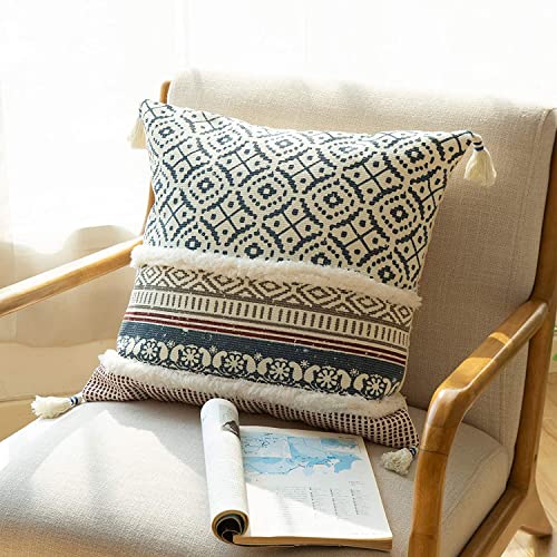 Image of MODERN HOMES - feel the difference Cotton Homes Boho Tufted Decorative Throw Pillow Covers , Moroccan Style Cushion Covers With Tassels (Blue, 16X16 In), 250 TC