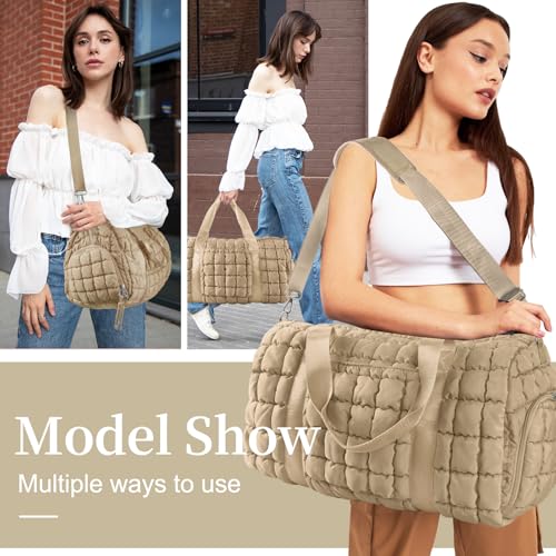 Image of Quilted Travel Duffle Bag Gym Bag for Women,Large Puffer Duffle Weekender Bag with Compartment,Workout Overnight Carry on Organizer Bag Duffle Bag for Airplane Travel(L-Khaki)