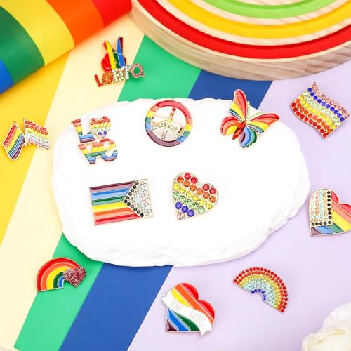 Image of 12PCS Rainbow Brooches Rhinestone Crystal Gay Pride Progress Brooches Badge LGBT Heart Flag Lapel Pins Gift for Clothes Backpack Jewelry Hat Decoration Pride Month Activities Accessories