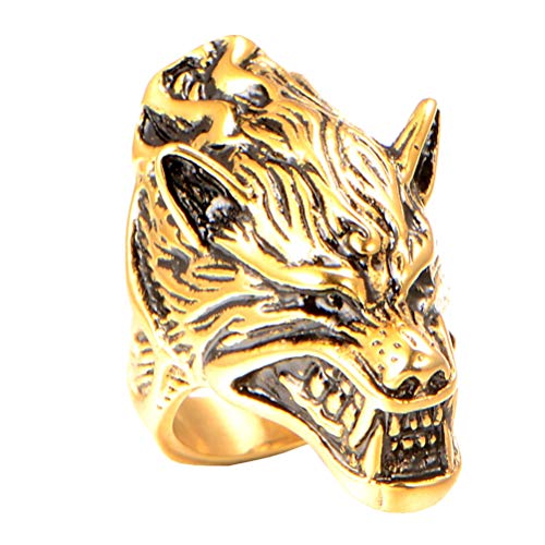 Bague tête de loup en acier inoxydable massif pour homme style motard punk
