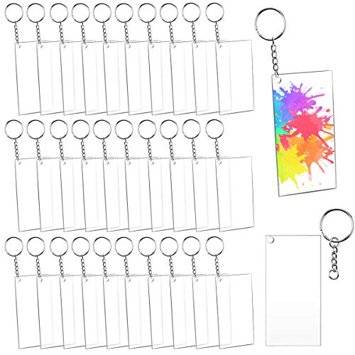 BILLIOTEAM 30 Pack Rectangle Clear Blank Acrylic Keychains,Transparent Discs Precut Acrylic with Metal Key Chain Rings for Custom Vinyl,DIY Projects and Crafts(1.97\" x 3.94\")