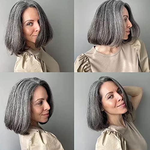 Msfan Salt And Pepper Grey Human Hair Wig 4X2 C Part Straight Bob Grey Lace Front Wigs Human Hair For Women 150% Density 10Inch #TOP5