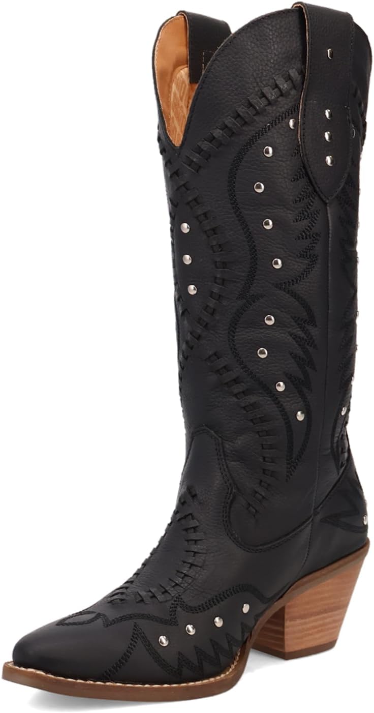 Dingo Womens Pretty N' Pink Embroidered Studded Snip Toe Casual Boots Mid Calf Mid Heel 2-3" - Black