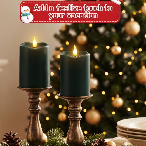 Image of Retisee Flameless LED Candles Real Wax, 2 Pcs, Dark Green, 3 x 4 in | Halloween Flameless Candles, Remote Timer, Realistic 3D Flickering Flame, Wedding, Thanksgiving Day, Christmas Decorations