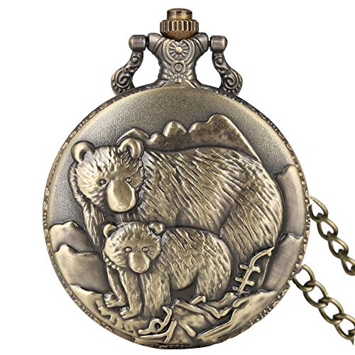 Joielavie - Reloj de bolsillo con doble oso polar, gran número de árabe y cuarzo, correa de aleación, reloj de bolsillo para hombre y mujer