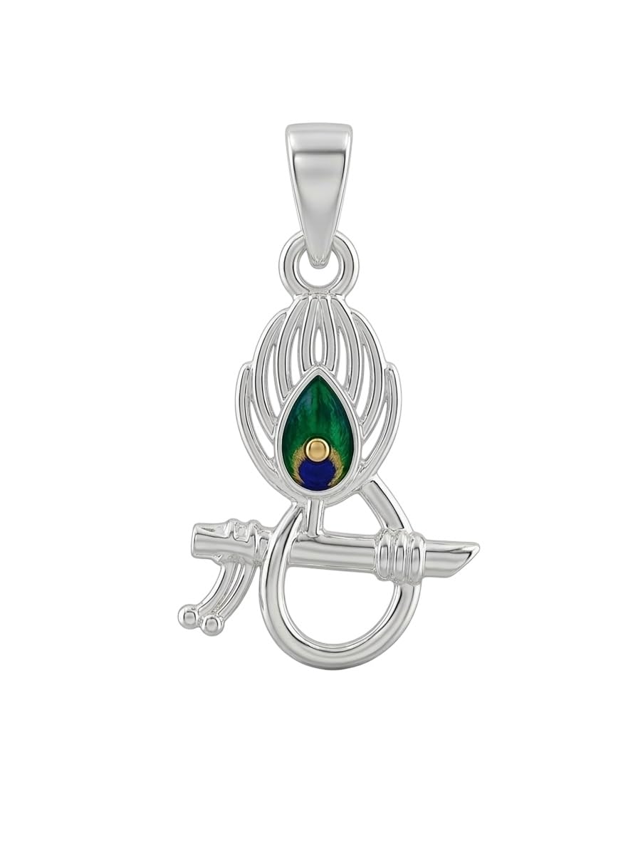 GlitzHeaven 925 Silver Lord Krishna Flute Pendant with Peacock Feather Design-image-33
