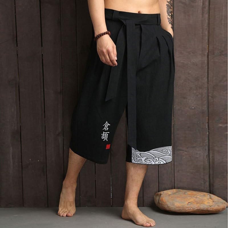 Men's Japanese Traditional Kimono Pants Beach Asian Linen Capri Summer Harem Pants Casual Wide Leg Cropped Pant2