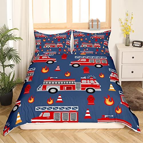 Voiture de dessin animé Housse de Couette Fire Truck Parure de Lit 140x200cm pour enfants Décor...