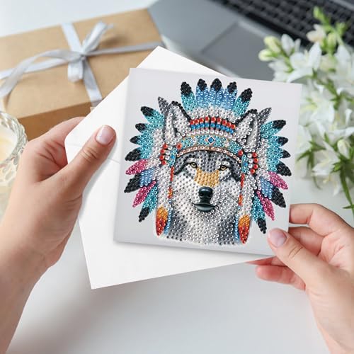 Image of 6 Pack 5D Diamond Art Greeting Cards Kit with Envelopes, Wolf with Native American Headdress Design, DIY Special Shape Diamond Painting Greeting Card for Adults, Handmade Card Craft Gift Set