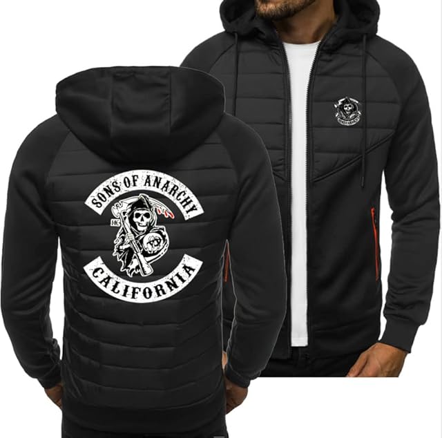 HAOZAILIN Men's Vertical Zip Sweatshirt Sons of Anarchy Print Hoodie Jacket Long Sleeve Cardigan Hooded Tops Pullover Coats Spring and Autumn-black||XL