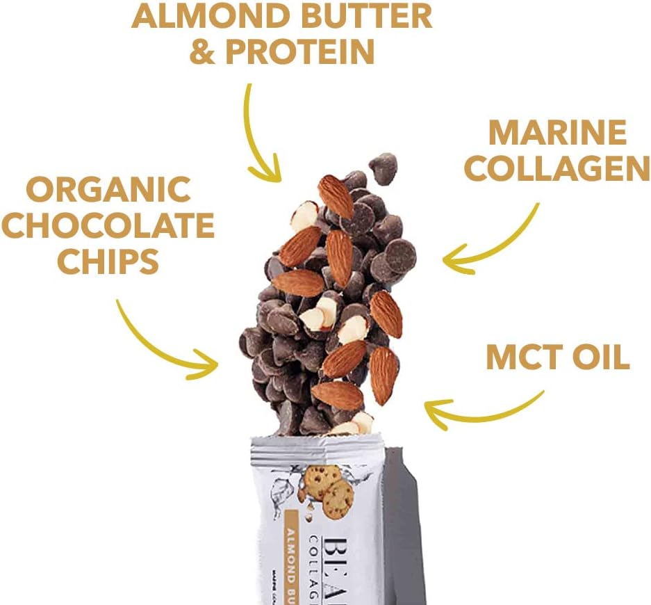 Kalumi BEAUTYfood Collagen Protein Bars | Almond Butter Chocolate Chip, 9-Count Box | 8000mg Collagen, 13g Premium Protein | Gluten-free Protein Bars, MCT Brain Boost