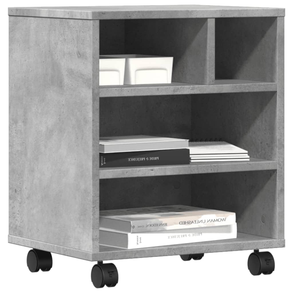 Hothingwell Supporto per stampante con ruote, grigio cemento, 41 x 32 x 48 cm, mobile stampante in legno di ingegneria con ripiano e deposito per forniture per ufficio, tavolo di stampa mobile