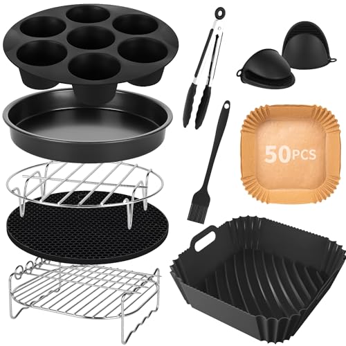 Airfryer Zubehör 8 Zoll 10-teilige Verdickt Heißluftfritteuse Zubehör Set Kompatibel für Philips Airfryer XL 6,2L,XXL 7,2L,Cosori 5,5L 4,7L,Cecotec 6L Airfryer Silikonform Pot