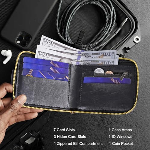 Black PU Leather Wallet for Men – RFID Blocking Bifold with 7 Card Slots, Large Bill Compartment, 2 Zipper Pockets & Fold-Out ID Window – Slim Travel Wallet3