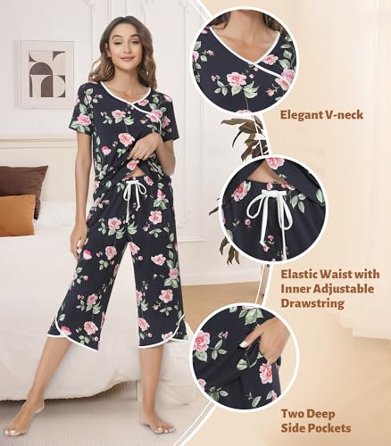 Image of NACHILA Bamboo Viscose Pajamas for Women Lace V Neck Capri Pants Pjs Set