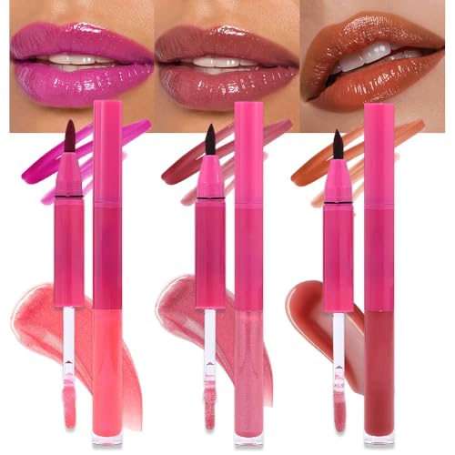 Image of evpct ‌3Pcs Matte Liquid Lipstick Marker Pen Lip Liner Combo Set with Lip Oil, Shine Finish, Mauve Hot Pink Red Brown 2 in 1 Lip Gloss Tint Stain Color Lipstick Long Lasting Waterproof for Women