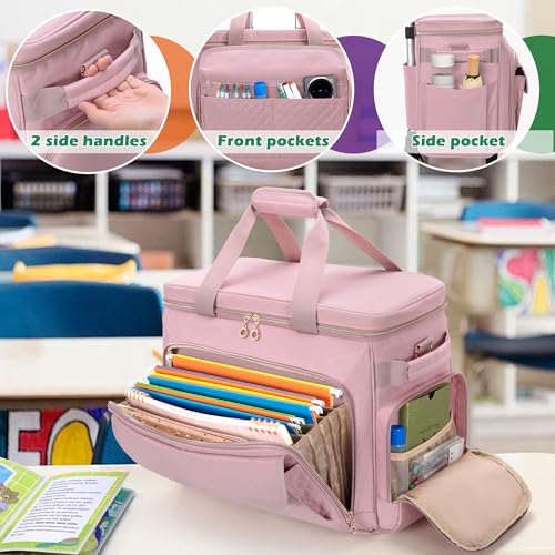 Image of LUXJA Rolling Teacher Bag with Wheels and 15.6 inch Laptop Compartment, Pink | Rolling Briefcase for Women with Accordion File Area, Teacher Tote Bag for Work with Detachable Dolly and Shoulder Strap