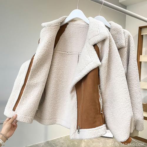 Women's Winter Lapel Collar Faux Suede Coat Long Sleeve Jacket Short Warm Lambswool Fur Fuzzy Biker Motor Outwear Top4