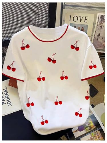 Image of RoseSeek Women's Bow Print Short Sleeve Round Neck Oversized Tops Basic Loose Fit Drop Shoulder Tees for Summer