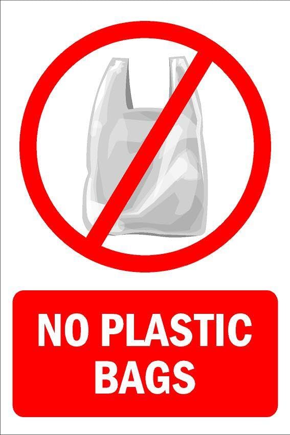 No plastic bags prohibition sign - Self adhesive sticker (600mm x 400mm)