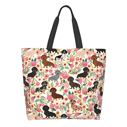 Cuamzst Floral Dachshunds Large Tote Bag For Women Reusable Grocery Bag Waterproof Shopping Handbag With Inner Pocket For Travel Work Beach Gym #TOP30