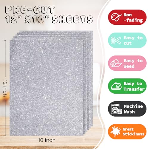 Image of 3D Puff Glitter HTV, 6-Pack 12 inchx10 inch Sheets. Iron-On Vinyl for Fabrics, Compatible with Cricut & Cameo for Easy DIY T-Shirts & Crafts. (Silver Glitter Puff, 12 inch x 10 inch)