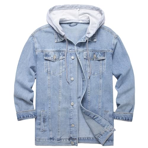 LZLER Men's Jean Jacket Hoodie Classic Casual Loose Fit Long Sleeve Trucker Coat Denim Jacket with Hood(Light Blue,L)