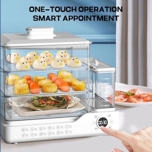 3-Layer Electric Food Steamer 24L, Multi-Functional Touch Screen, 24H Timer, Independent Water Tank, Automatic Shut-Off, Ideal for Cooking Eggs, Fish, Meat - White