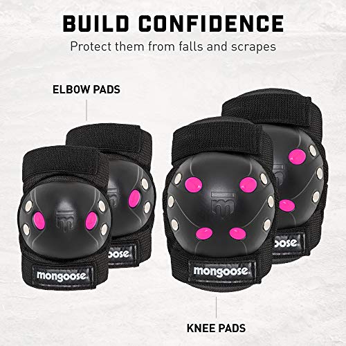 Mongoose Youth Bmx Bike Gel Knee And Elbow Pad Set, Multi-Sport Protective Gear, Black/Pink #TOP1