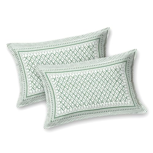 Image of BLOCKS OF INDIA Hand Block Printed 200 TC Cotton Super King Size Bedsheet (Light Green GAD BUTI)