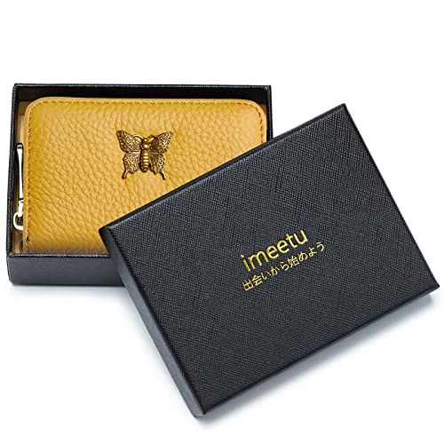Image of imeetu RFID Credit Card Holder for Women, Business Card Wallet, Yellow, Small, Credit Card Case Wallet | Genuine Leather Card Case Wallet with Zipper and Removable Keychain, 12 Card Slots & 2 Cash Pockets, Daily, Travel, Gifts