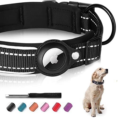 mouyou Airtag Hundehalsband,Airtag Halsband Nylon Gepolstertes[Breit],Reflektierend Hund Verstellbares für große/mittelgroße/kleine Hunde(M, Schwarz) Cover