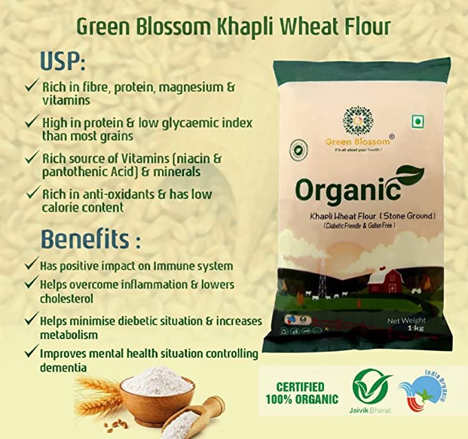 Green Blossom Organic Khapli / Emmar Wheat Flour - 5 Kg (1 Kg x 5 Pack) | Stone Ground I Perfectly Aged I Long Grain I Rich Aroma I Diabetic Friendly" 4