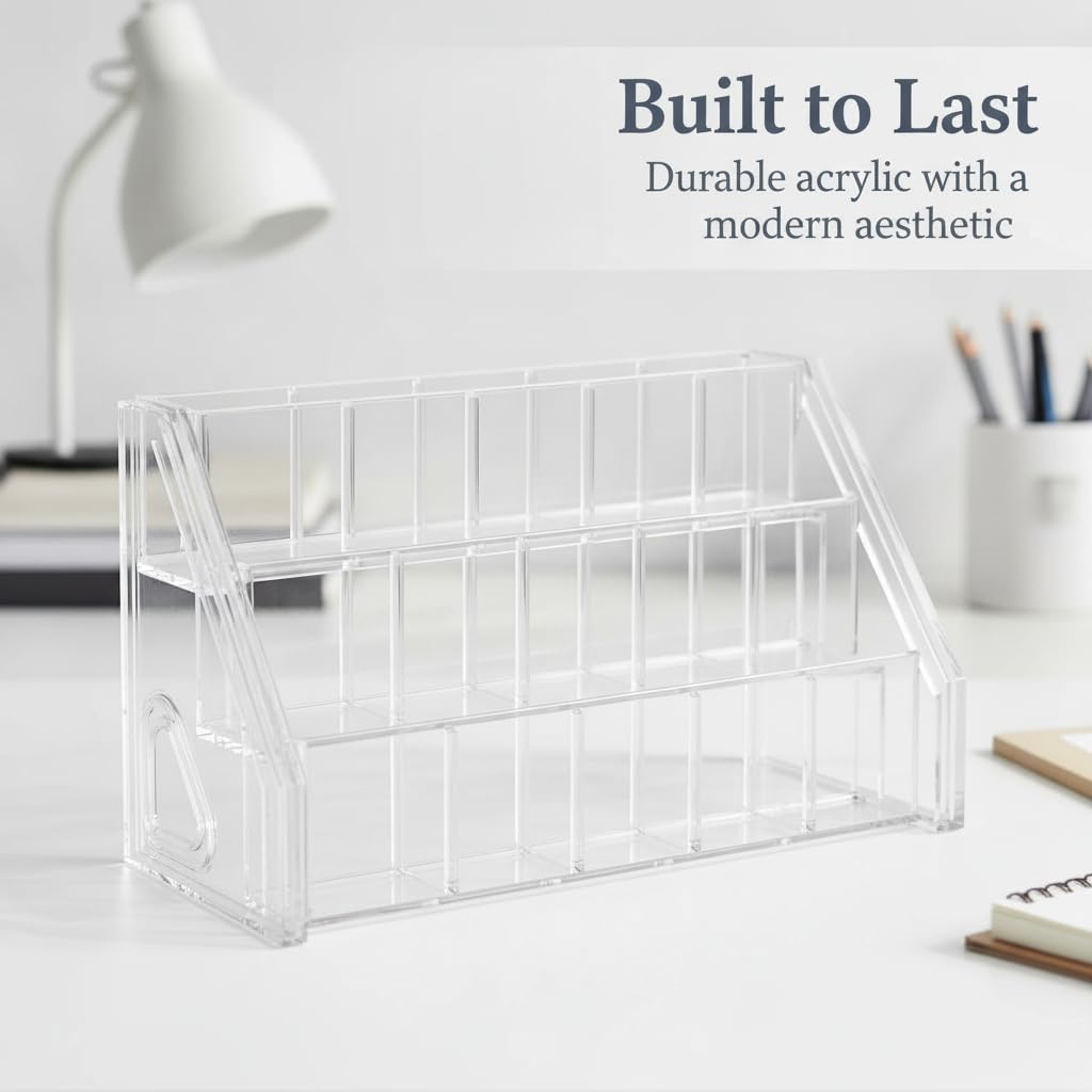 Organizador Escritorio Acrilico Transparente para Lapices con Compartimentos Multiples para Boligrafos Marcadores y Utiles Acuado para Oficina Estudio y Hogar, Transparente, 5 niveles/25 compart.