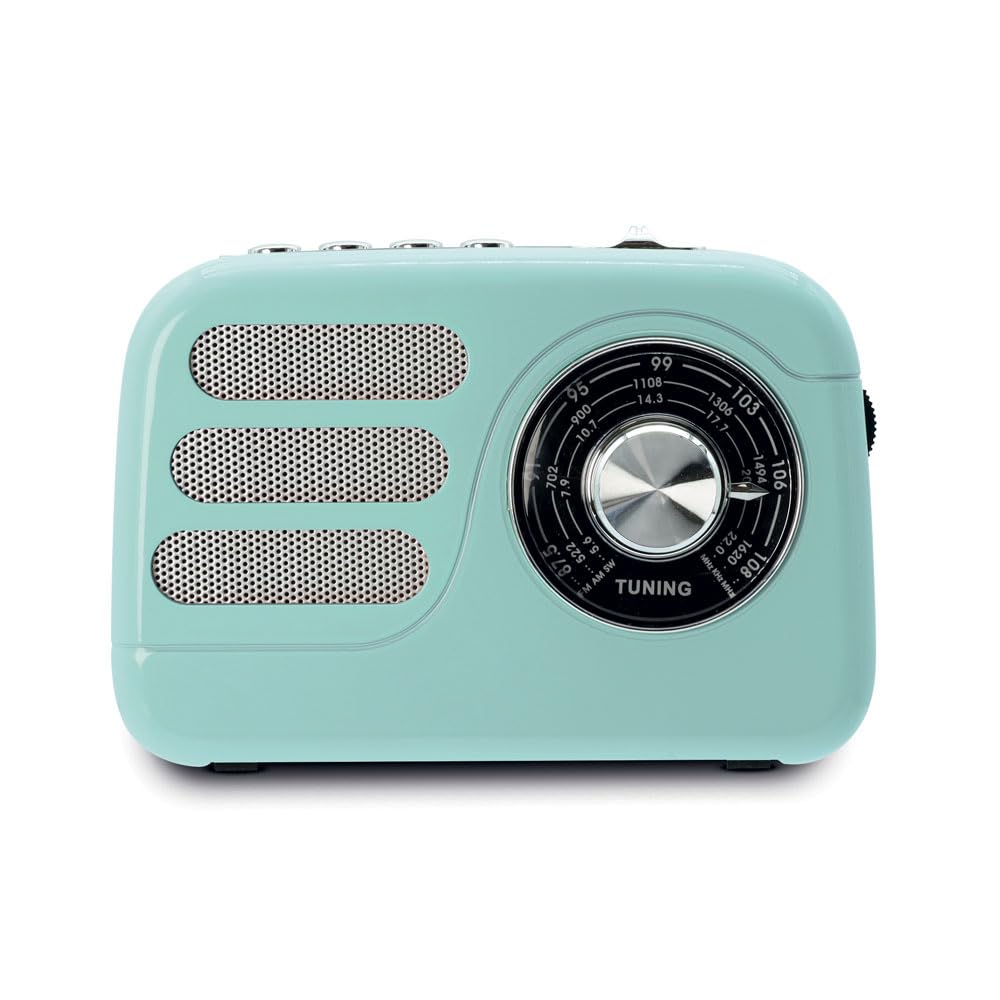 Mooov 477240 - Vintage-Radio mit Bluetooth 5.4 mit Akku, UKW/MW-Radio, tragbar, Retro, kompakter kabelloser Lautsprecher, USB und microSD, 6 Stunden Laufzeit - Türkis