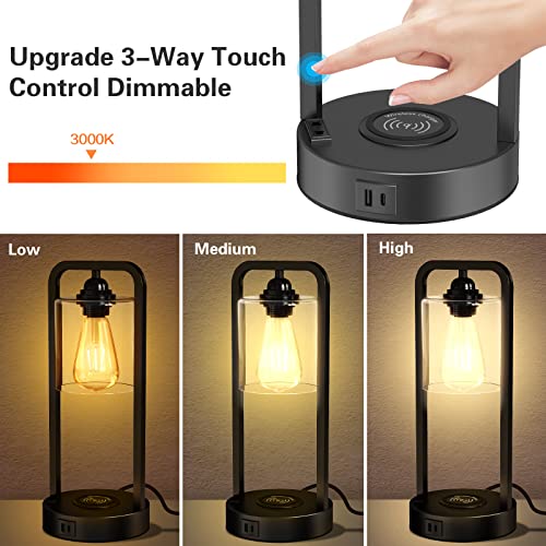 Wireless Charging Table Lamp Set Of 2, Touch Control Dimmable Bedside Nightstand Lamps With Type C Usb Port & Ac Outlet, Glass Shade Desk Lamps Industrial Table Lamps For Bedroom, 6W Bulbs Included #TOP1