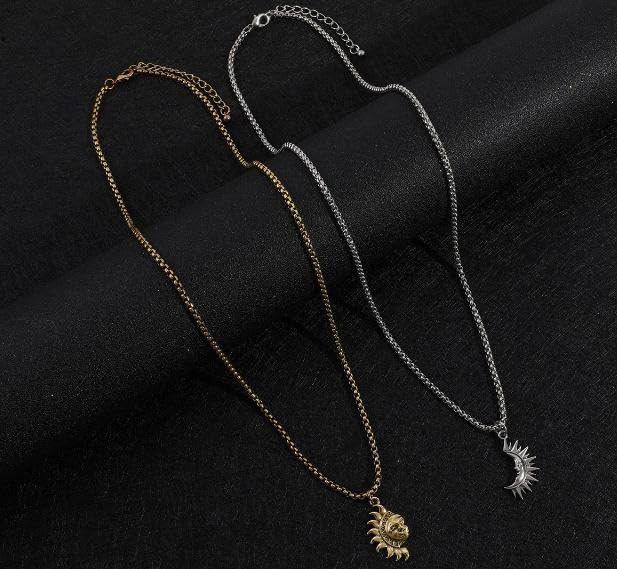 Sun and Moon Matching Necklace for Couple Asymmetric Sun Moon Dangle Hoop Earrings for Women Vintage Couple Half Moon Sun Pendant Necklace Jewelry for Men 6