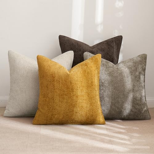 Image of MIULEE Pack of 4 Couch Throw Pillow Covers 18x18 Inch Neutral Gold /Brown Soft Decorative Chenille Pillow Covers Farmhouse Accent Cushion Covers for Boho Home Decor Sofa Bedroom Living Room