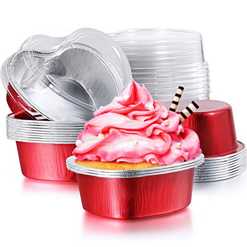 Patelai 20 Sets Heart Foil Cupcake Cups with Lids, Red