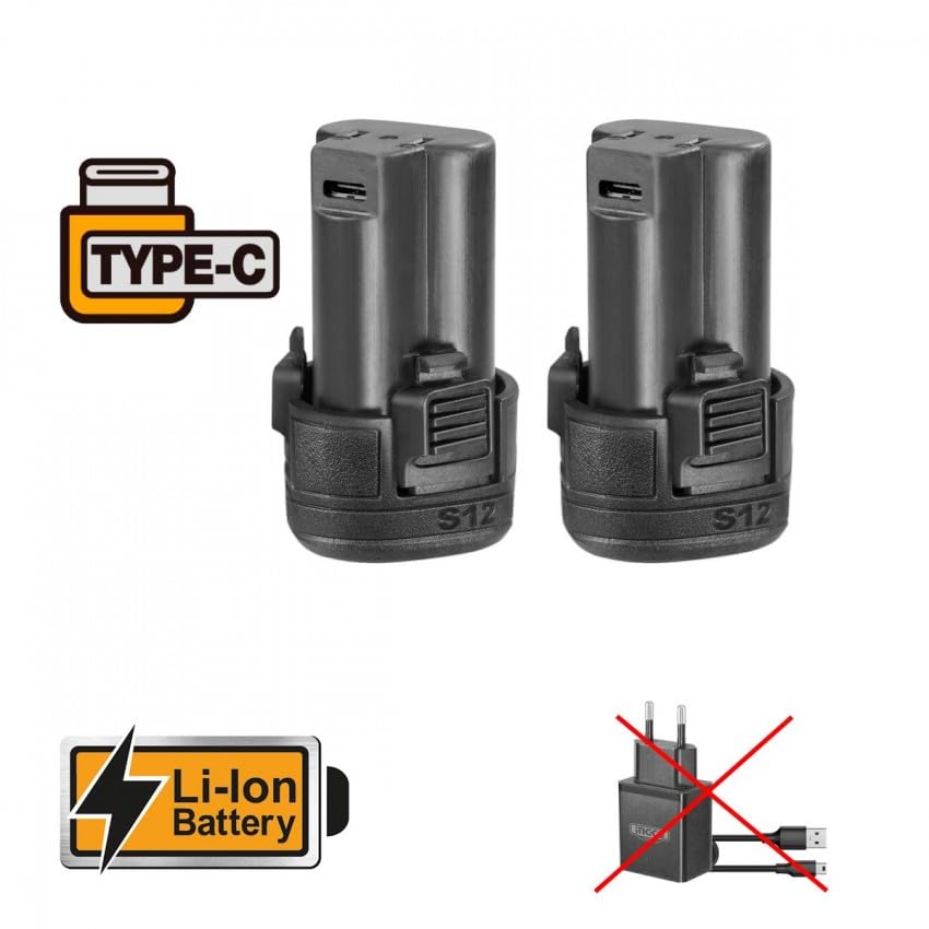 INGCO Taladro inalámbrico de 12 V, 2 baterías de iones de litio de 12 V y 1,5 Ah, cable USB tipo C, no incluye cargador - Modelo: CDLI12202