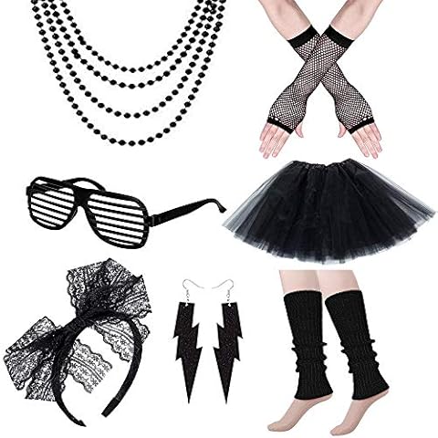 80s Fancy Party Costume Accessories Set,Adult Tutu Leg Warmers Fishnet Black Gloves Necklaces Bead 80s Lace Bow Headband Lighting Earrings Sunglasses,1980s Fancy Dress Girls Women Night Out Party Cover