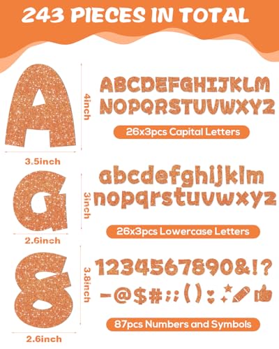 Image of 243 Pcs Glitter Bulletin Board Letters, Numbers and Punctuation 4 Inch | Cut Out Letters for Bulletin Board Decorations, Poster Board Letters Alphabet Cutouts for Classroom Wall Decor (Orange)