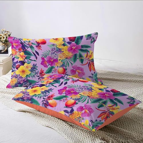 Housse de couette 140x200 mauve tropicale en version réversible avec taies - 7
