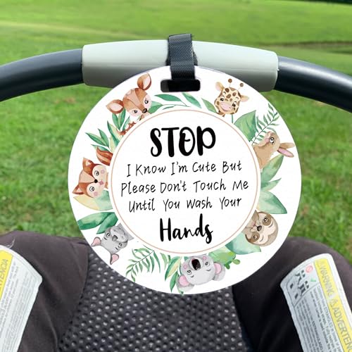 Image of 2 Pack Animals Do Not Touch Signs Stroller Tag Greenery No Touching Car Seat Signs Watercolour Stop Touching Safety Sign Wash Your Hands Carseat Tags for Carriage Stroller Backpacks
