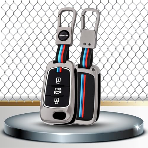 Image of Keycept Metal Alloy Key Cover Compatible with Hyun-dai i10, i20 Old 3 Button Flip Key with Keychain (Short Keychain).