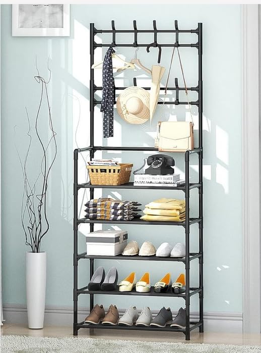 SQUADO Appendiabiti a 4 ripiani con mensola, 16 ganci rimovibili, 175 cm, bianco