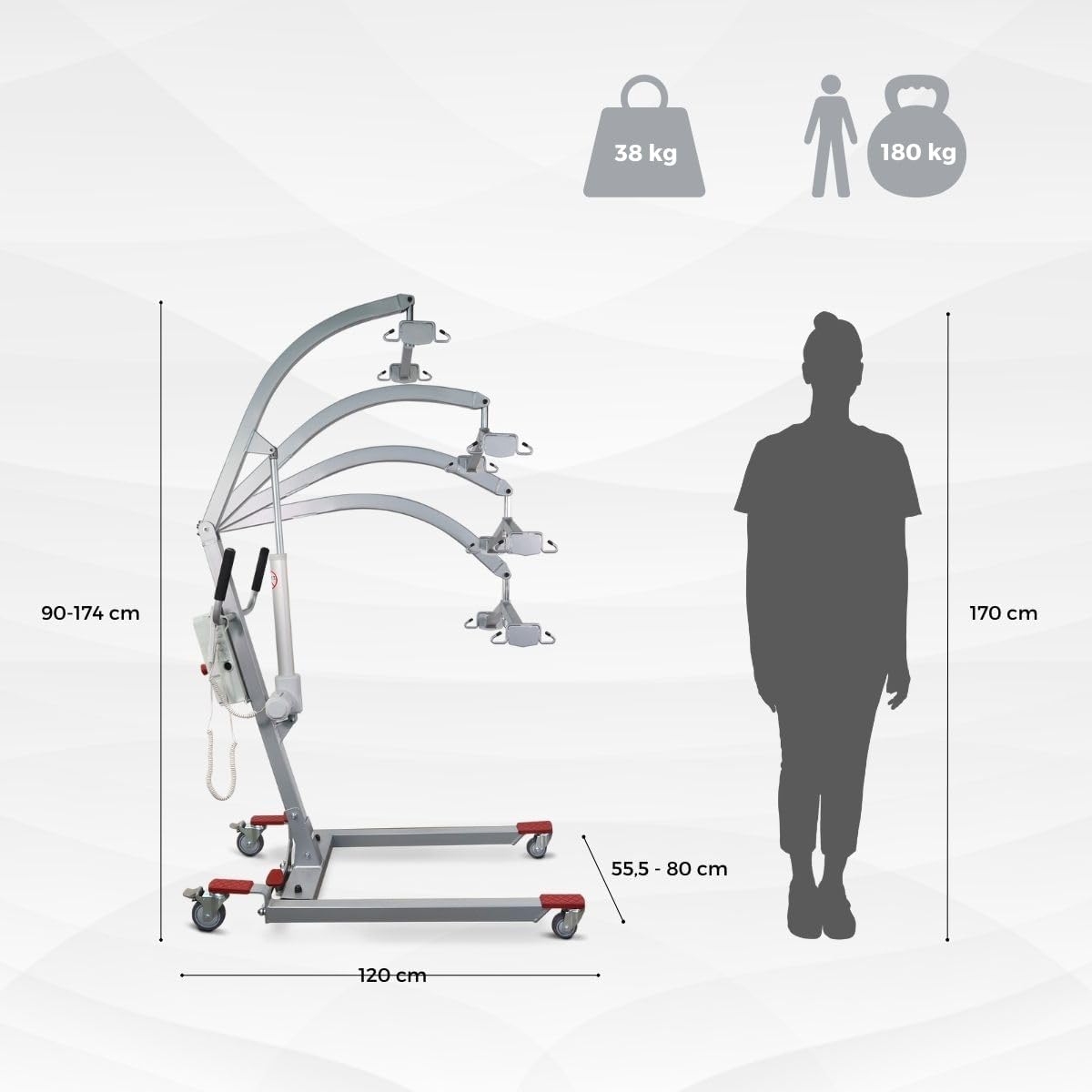 Diagram showing the dimensions of the Mobiclinic Fortuna Basic patient lift, including height (90-174 cm), base width (55.5-80 cm), and length (120 cm). It also indicates a product weight of 38 kg and a maximum supported weight of 180 kg.